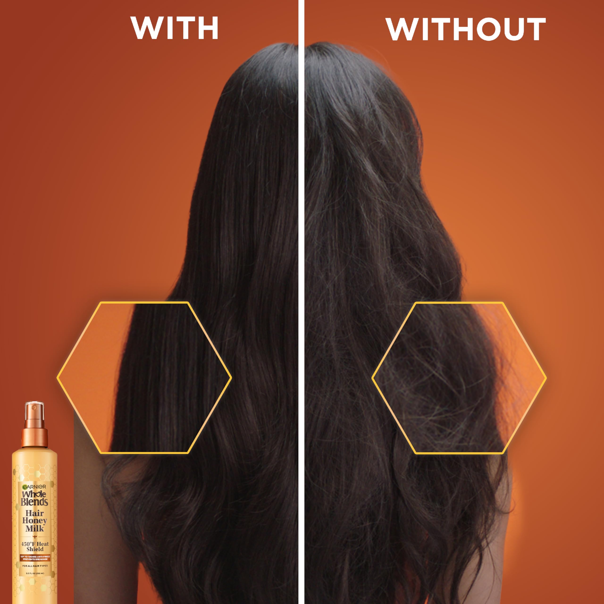 Garnier Whole Blends Hair Honey Milk 450F Heat Protectant Spray, For All Hair Types With Up To 100 Hrs of Frizz Control, 8.5 Fl Oz, 2 Count